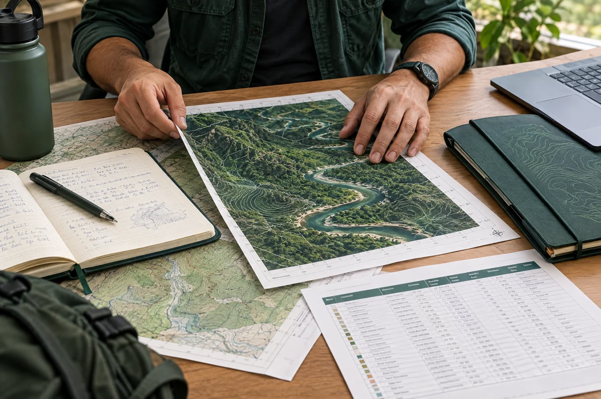 Mãos organizando mapas e materiais de trabalho